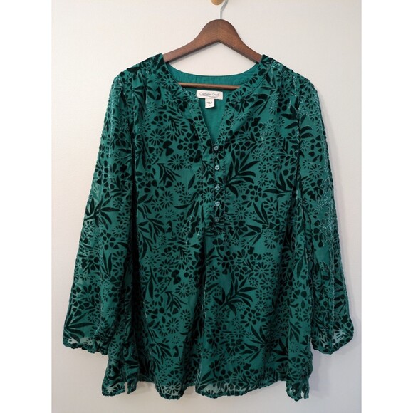 Coldwater Creek Velvet Burnout Tunic Top Floral Henley Green Holiday Flowy 1X - Picture 1 of 13